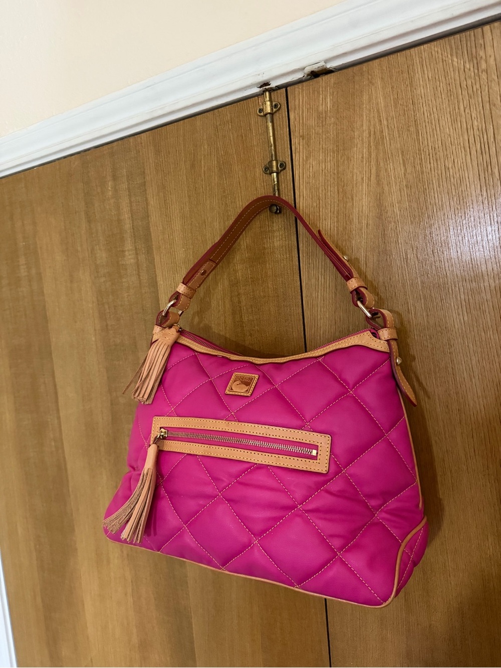 Dooney & Bourke Pink Quilted Shoulder Bag with Tan Trim